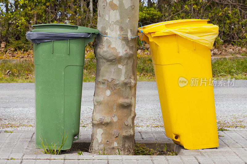 绿色和黄色的垃圾桶用于回收。