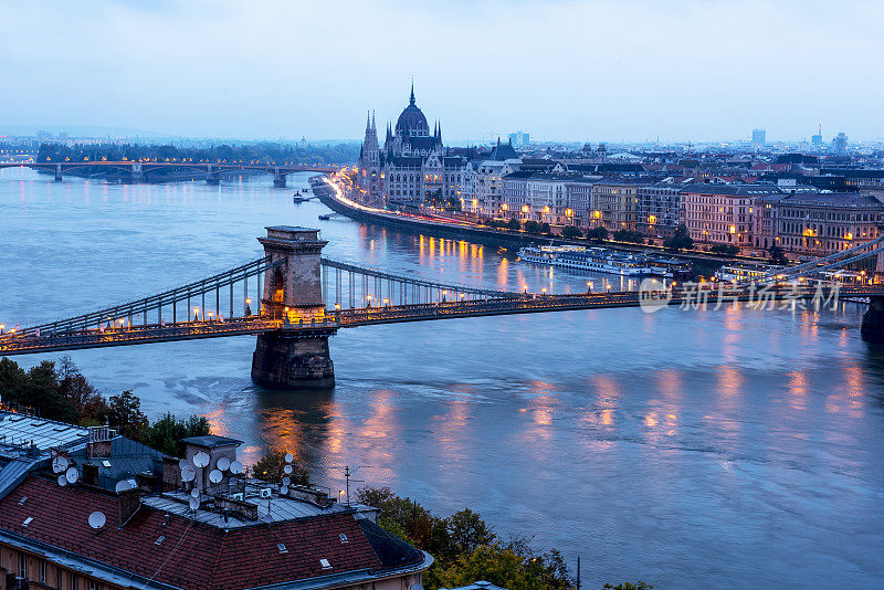 多瑙河上的铁链桥和议会大厅，布达佩斯，匈牙利