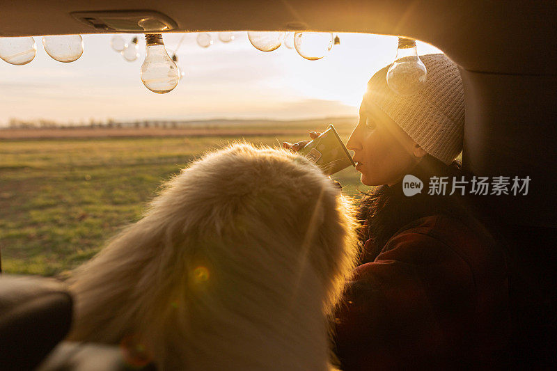 后视镜宁静的女人和她的萨摩耶狗，享受日落从汽车后备箱