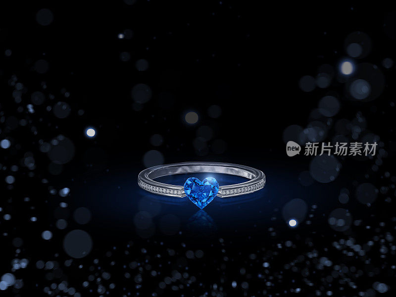 钻石戒指蓝色心形。在黑色背景与抽象的灯光。三维渲染