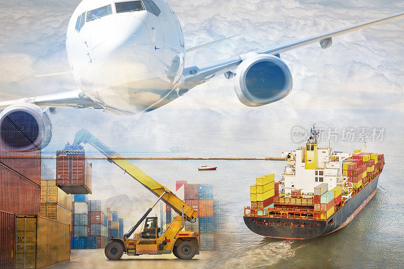 全球业务网络分布，集装箱物流运输理念，货轮、叉车、飞机双重曝光。