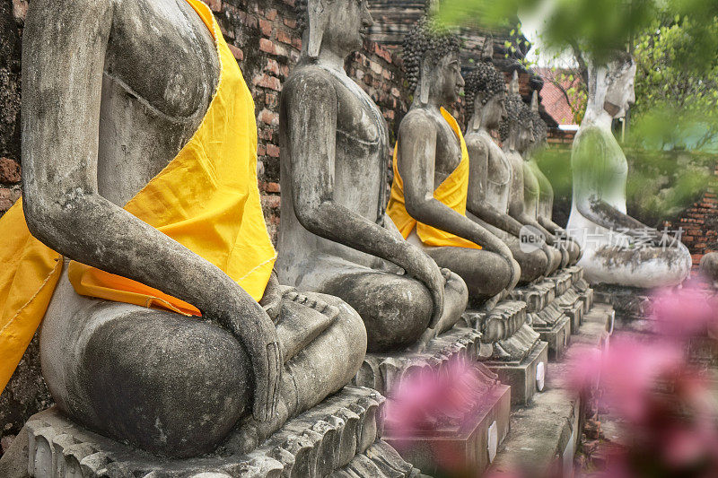 在大城府的古代佛教寺庙里，一排石佛像