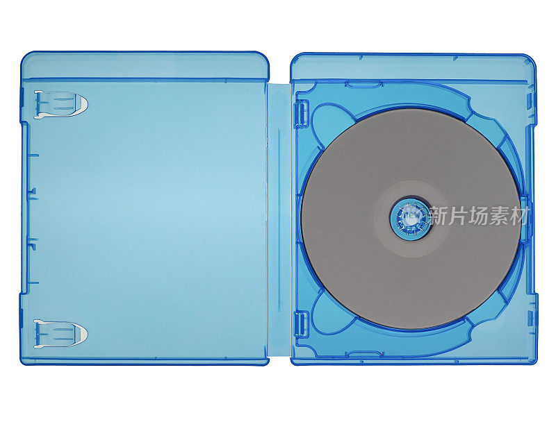 模糊的视频光盘在一个蓝色的盒子上孤立的白色背景