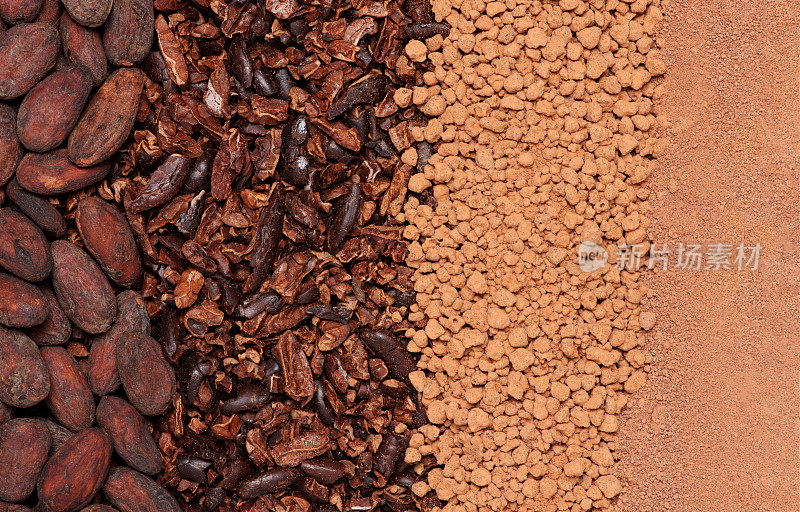 可可豆，可可粒，可可团和巧克力可可粉的质地背景，巧克力原料