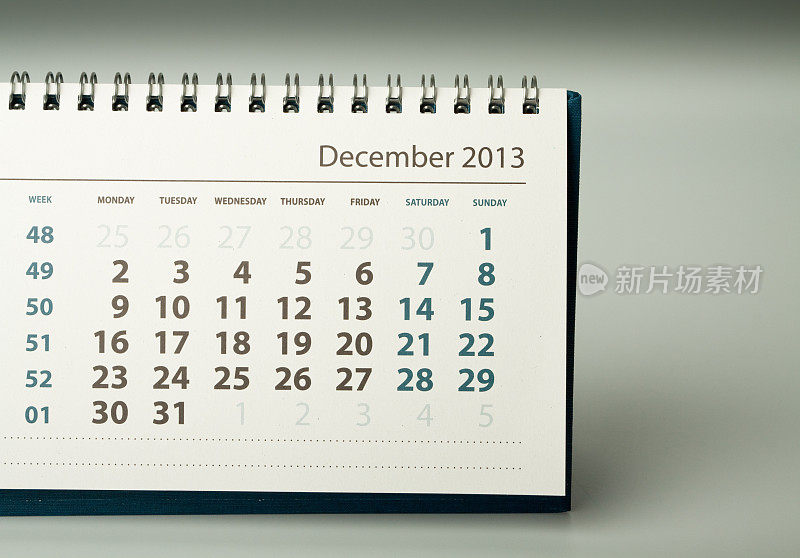 日历表。12月