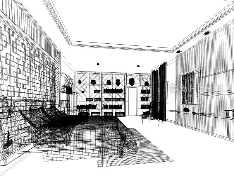 室内卧室抽象草图设计，3d效果图
