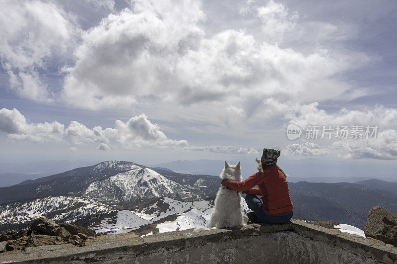 冬天，一名高山登山者和她的狗在山顶上观看美丽的风景