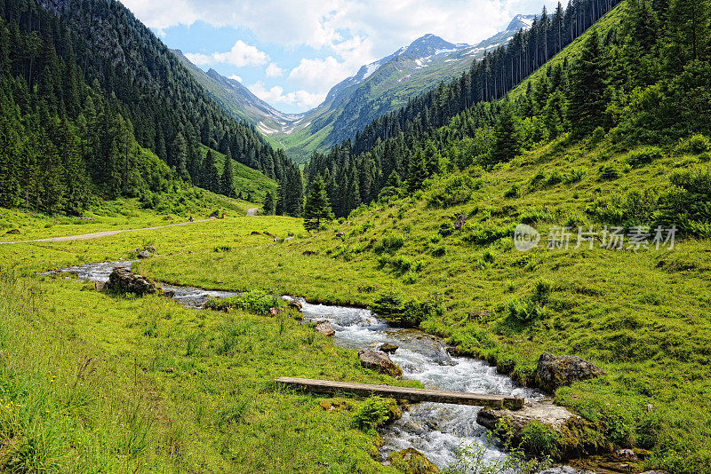 奥地利阿尔卑斯山脉齐勒塔尔山谷中流动的小溪