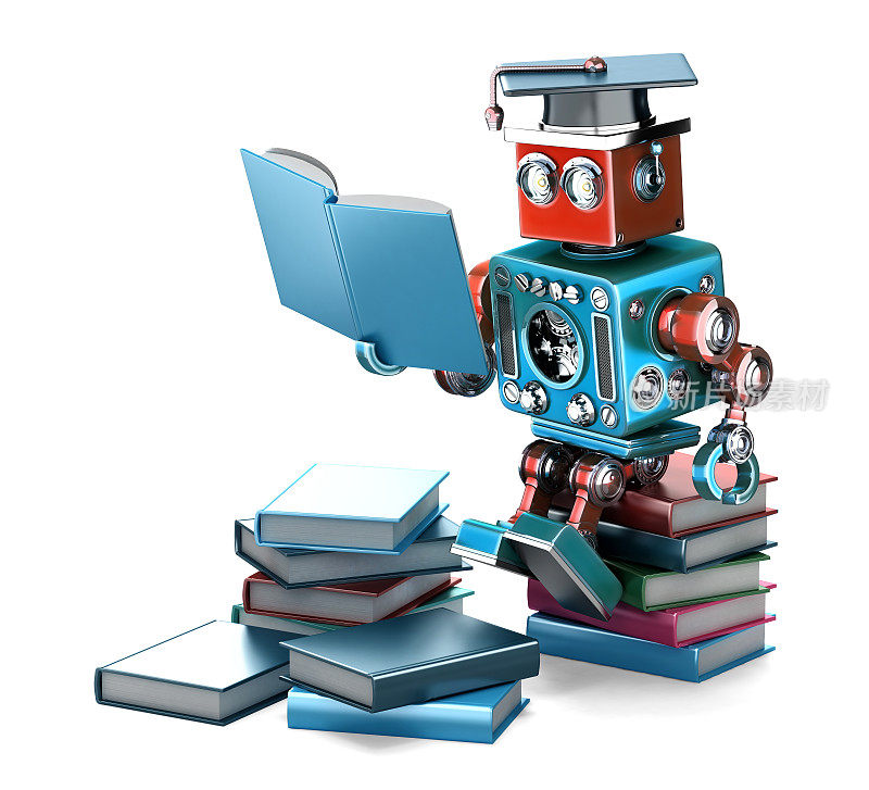 老式机器人看书。教育的概念。孤立。包含剪切路径