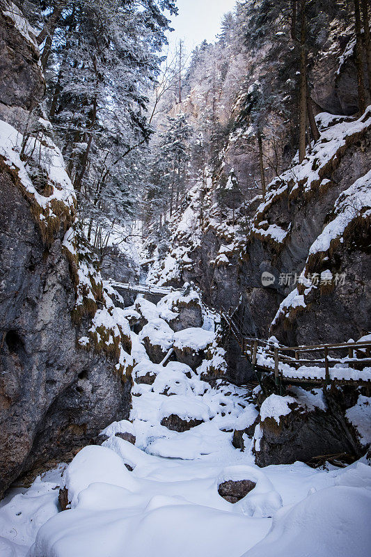 冬天，Baerenschuetzklamm峡谷被冰雪覆盖的瀑布