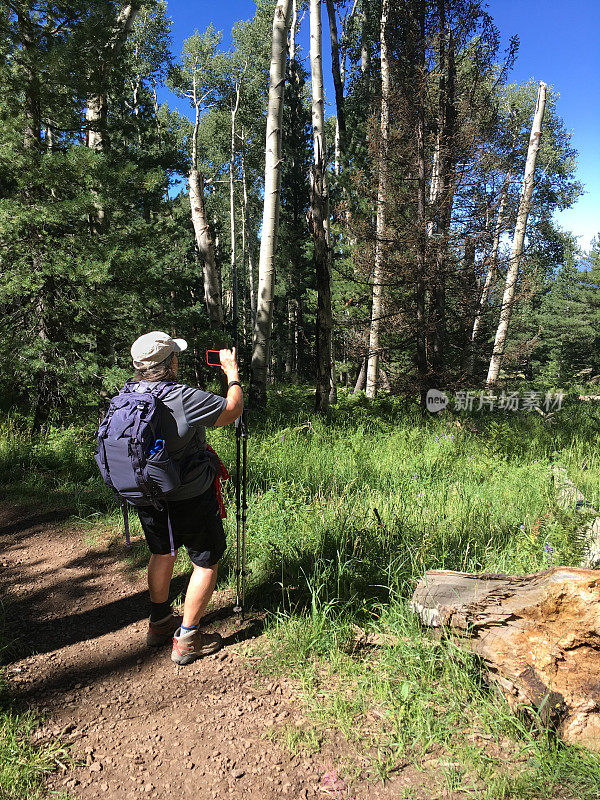 用智能手机拍照的女性徒步旅行者