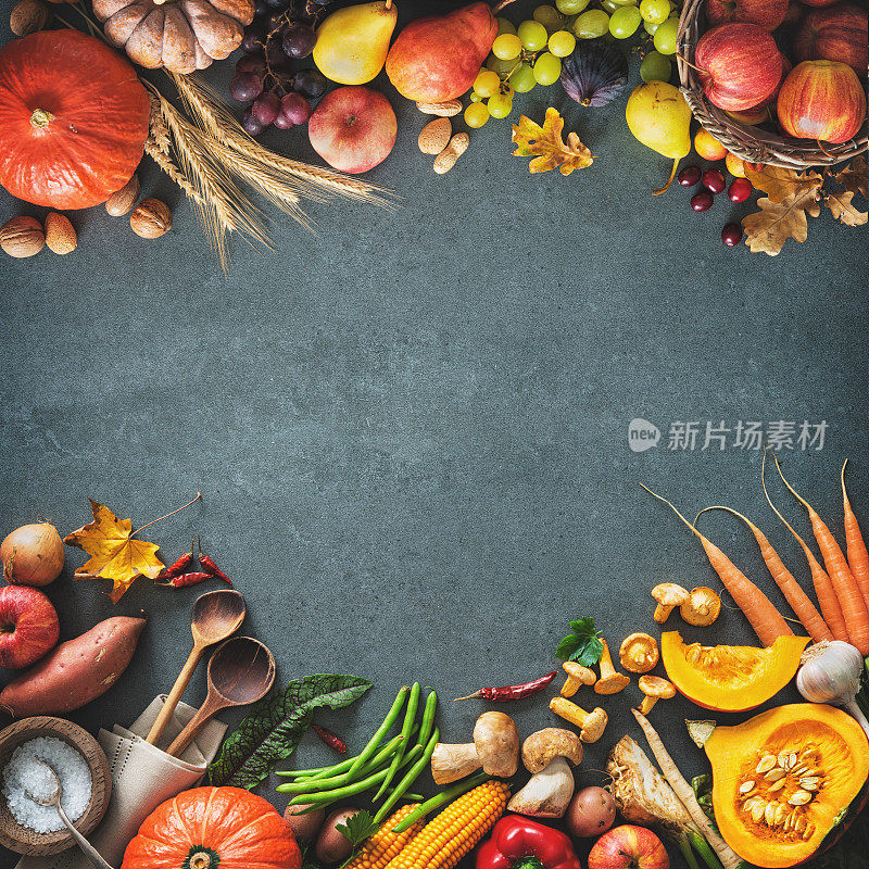 感恩节或秋季季节背景南瓜，蔬菜和水果