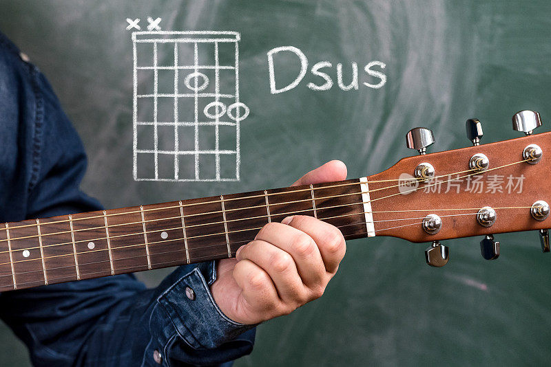 一个人在黑板上弹奏吉他和弦，和弦Dsus