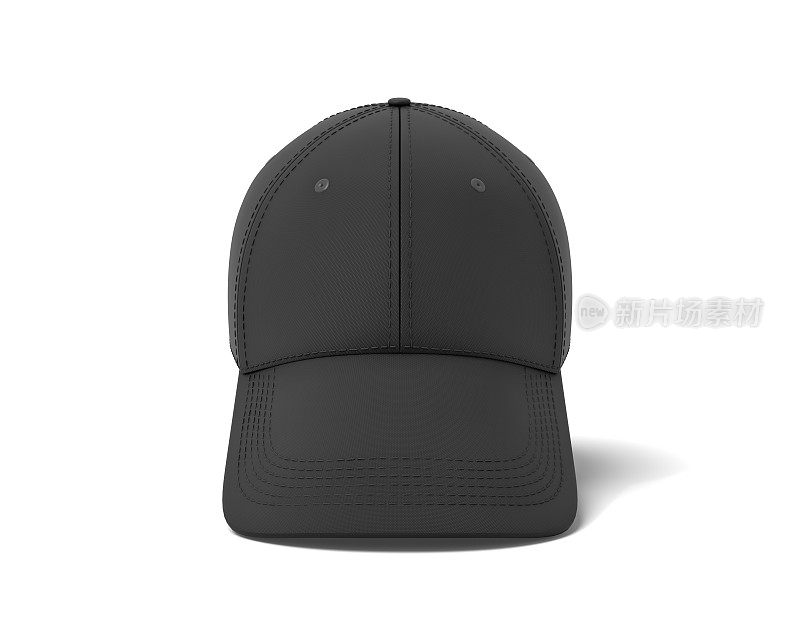 一顶黑色棒球帽垂直悬挂在白色背景上的3d渲染，帽舌向下