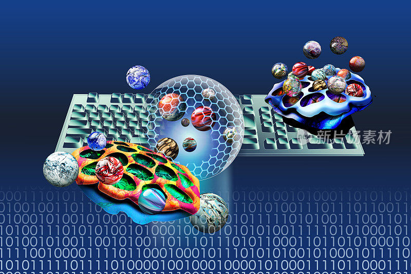 人工智能和纳米技术给药系统的探索，基因和药物载体的图像。石墨烯的背后是一个键盘和二进制代码。