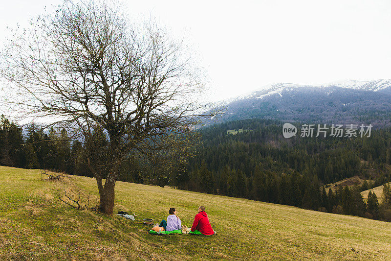 年轻女子和男子与狗有一个可爱的野餐在山与风景优美