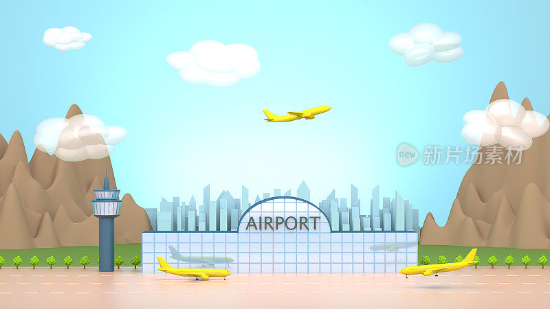 插图-机场的概念。一个机场建筑和飞机的概念场景。背景是山脉和城市。三维渲染
