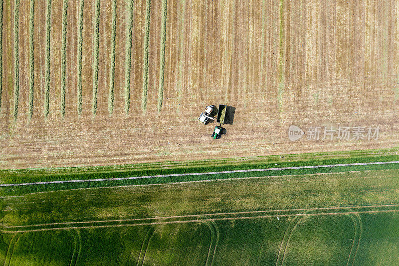 农田中农业机械的无人机视图