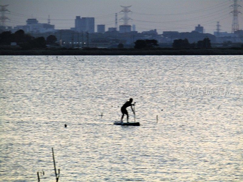 日本。7月。日落时特加努马湖上孤独渔夫的剪影。