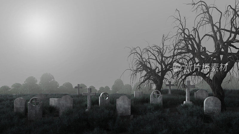 墓地里有墓碑、枯树和薄雾。三维渲染