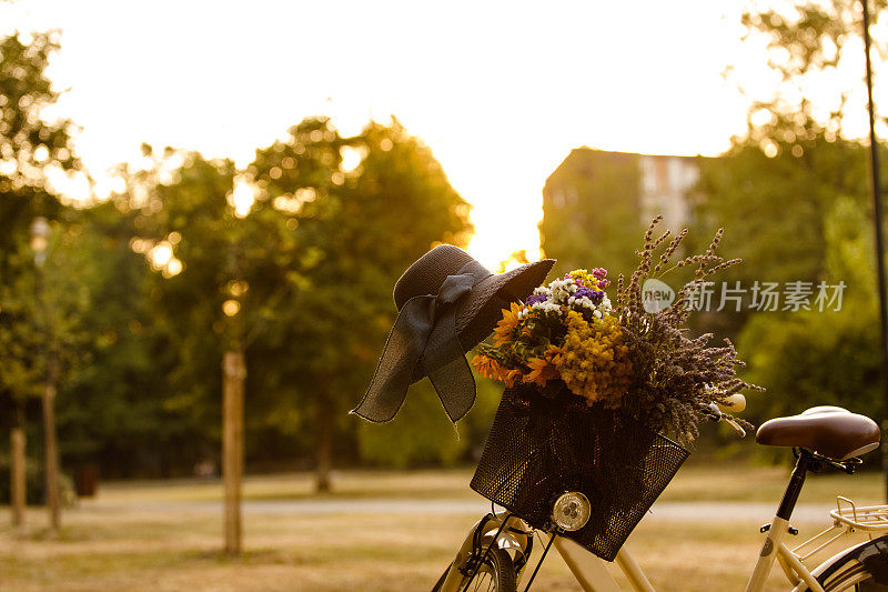 自行车和一个装满夏日鲜花的篮子，背景是一个黄金小时的日落