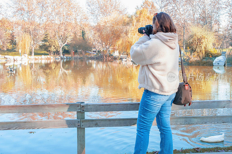 年轻的女摄影师拍摄池塘和树木的独特和谐。由旅行摄影师拍摄周围的环境。