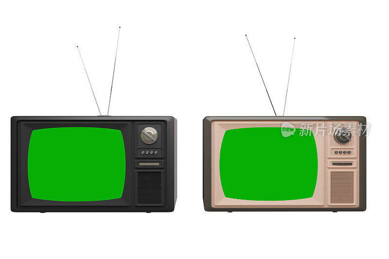 复古电视机与彩色屏幕在孤立的背景，3d渲染。新闻、媒体、电视视频、过时过时的技术、绿屏