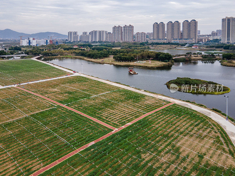 现代乡村建筑和农业用地鸟瞰图