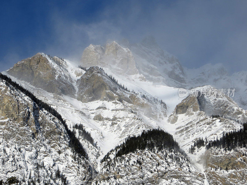 在一个阳光明媚的冬日，加拿大班夫周围的雪山景色