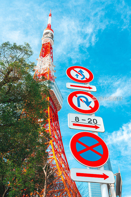 以东京塔和秋叶树树枝为背景的日本路标