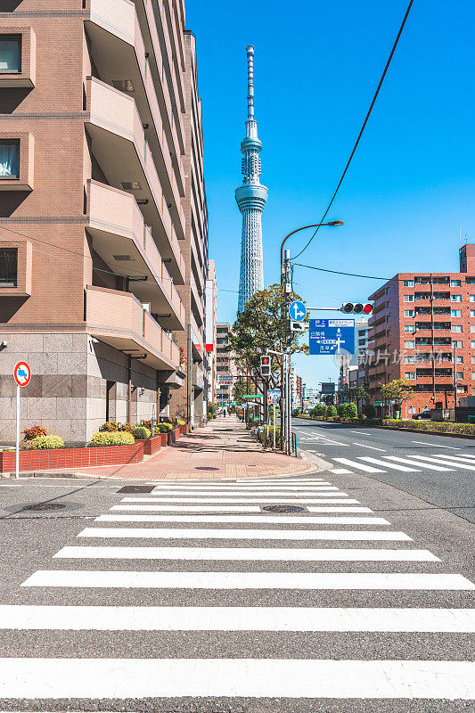 东京天空树位于东京镇的街道上，当天空晴朗时，日本