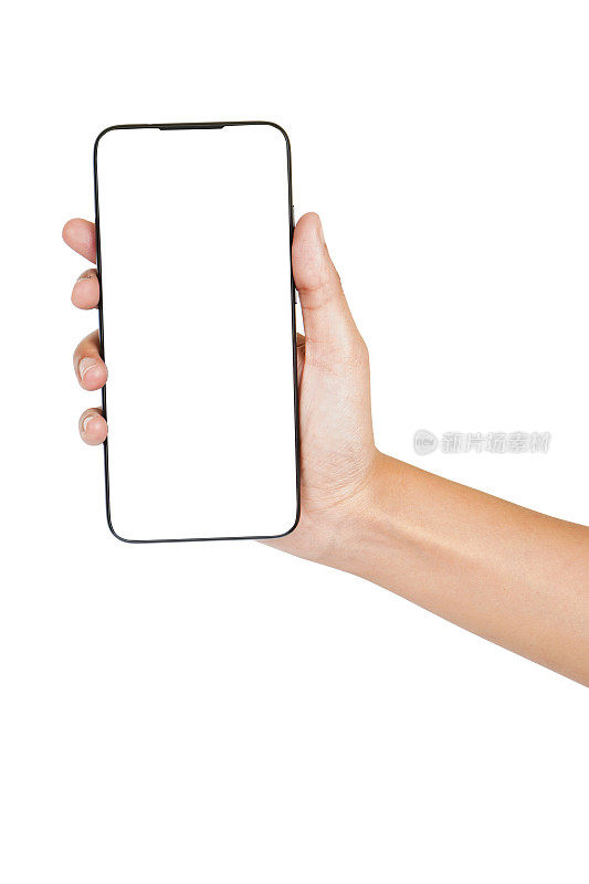 前视图的空白屏幕智能手机在手隔离白色背景与剪辑路径