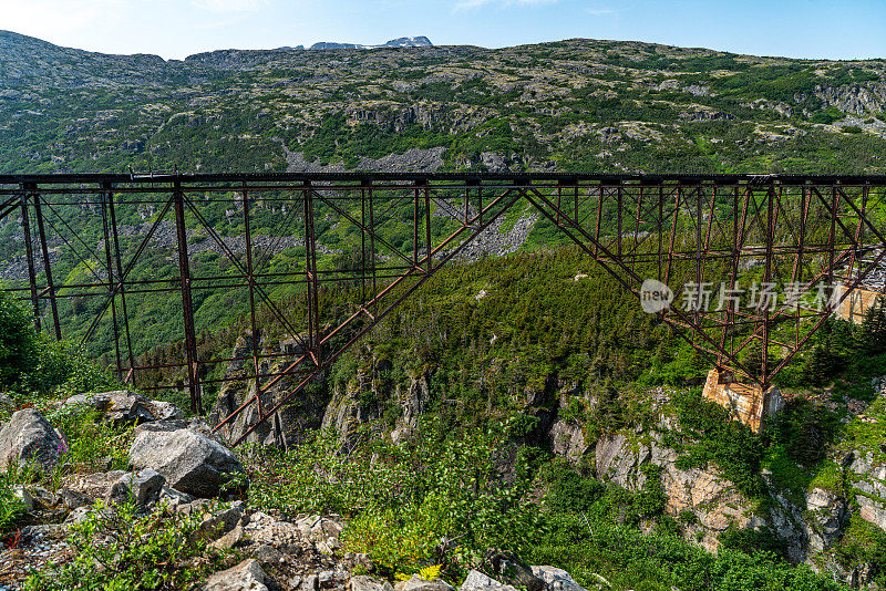 倒塌和废弃的桥梁，白口山顶游览火车在山区，阿拉斯加，美国。