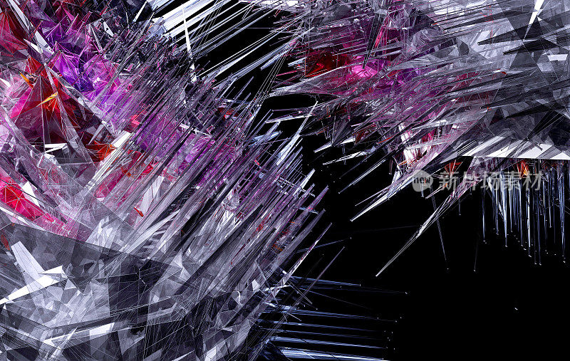 3d渲染抽象艺术3d背景与超现实分形异形立方体或盒子的一部分，基于三角形金字塔形状与锋利的针和尖刺在破碎的玻璃材料在红色和紫色