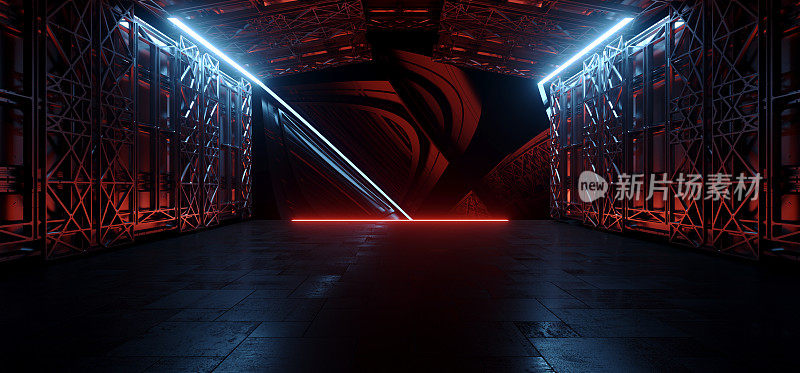 霓虹灯发光隧道走廊机库未来的激光束数码灯科幻中世纪马赛克墙混凝土地板逼真的陈列室外星人车库地下3D渲染