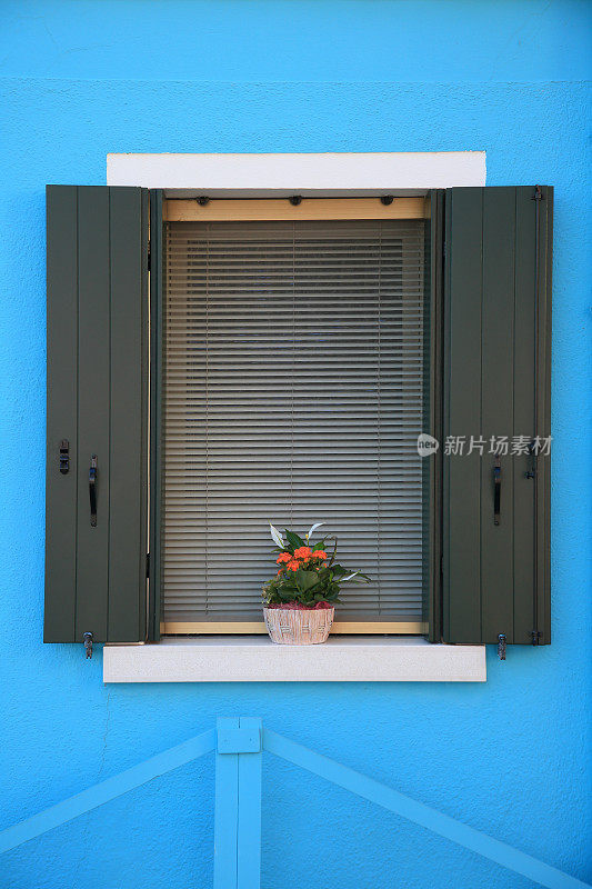 蓝色的窗台上放着花盆