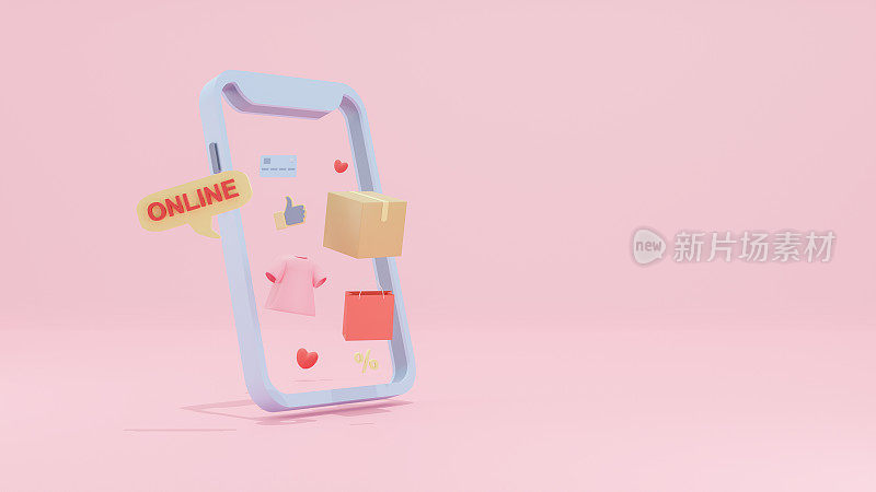 数字时代的智能手机购物-方便的粉红色背景和纸板包装的在线购买。3d渲染