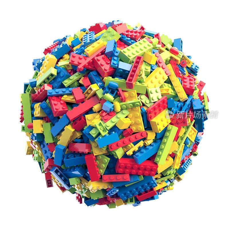 由五颜六色的玩具积木组成的球体。三维渲染
