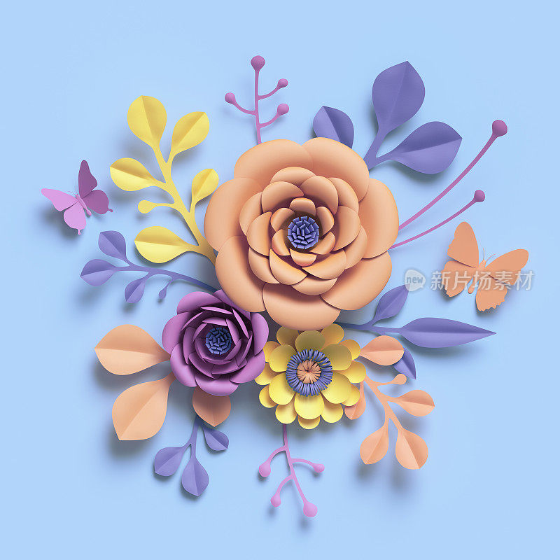3d渲染，纸艺术花，花卉背景，植物图案，圆形花束，糖果颜色，充满活力的调色板