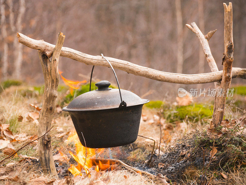在火上的大锅里做饭
