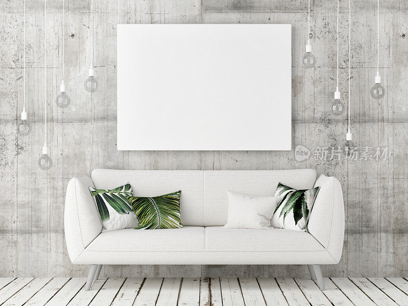 模拟海报与白色沙发，极简主义设计