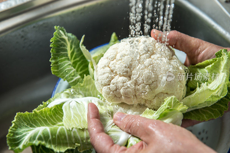 花椰菜在钢水槽中清洗，在滤锅中运行喷水龙头