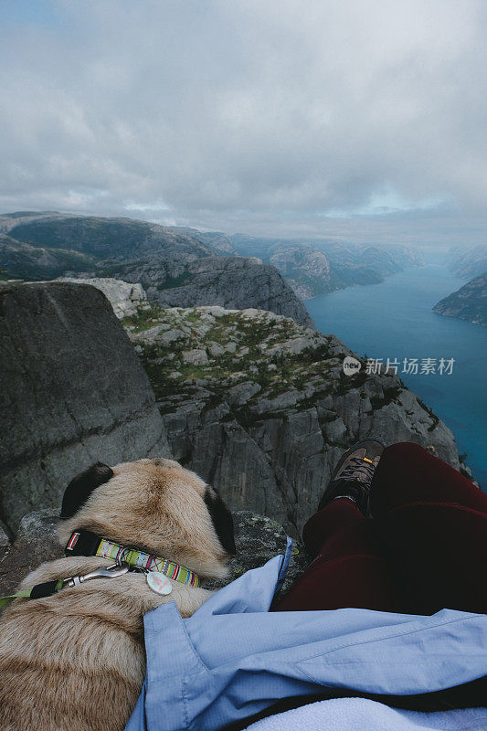 一个女人和一只狗在看挪威布道石上吕瑟峡湾的风景