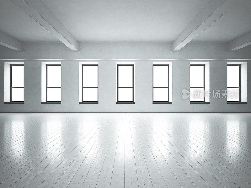 阁楼空间窗口。白色的混凝土。