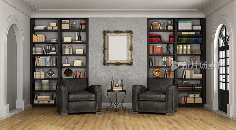 豪华客厅配有大型书柜和扶手椅