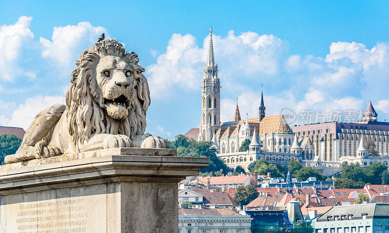 布达佩斯铁链桥上的狮子雕像。渔夫的堡垒。