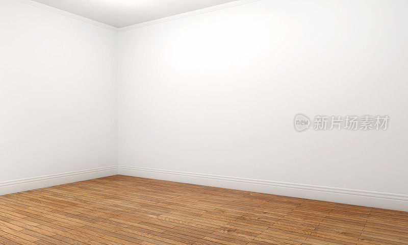 空荡荡的公寓房间，白色的墙壁和棕色的拼花地板