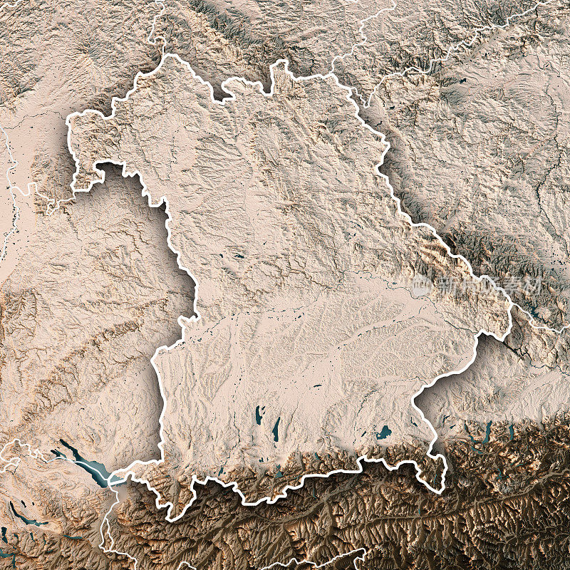 德国巴伐利亚自由州3D渲染地形图中立边界
