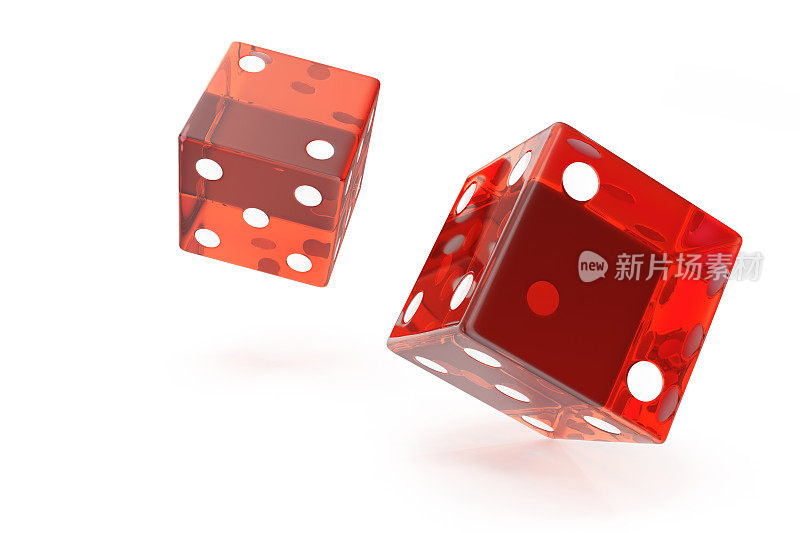 红色赌场骰子，赌博的概念，在白色背景，3d渲染