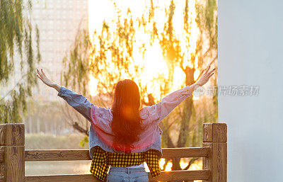 女人在公园里欣赏美丽的日落